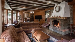 A cozy living room with a fireplace, leather sofas, and a television. - Maietok Lis i Gory (Polyanitsya)