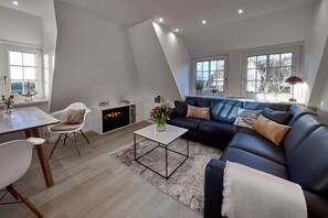 Smart TV, fireplace, stereo, computer monitors