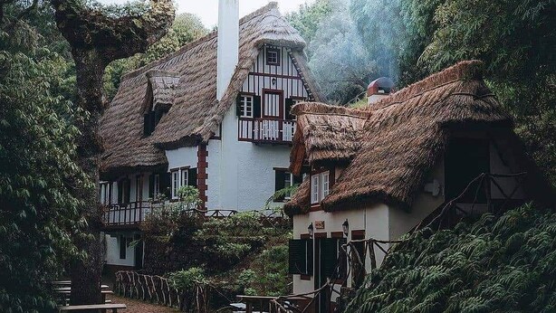 A traditional thatched-roof house with a cobblestone pathway leading to it, surrounded by lush greenery. - Cottage/Gite Cavalinho (Calheta)