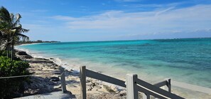 A beach with clear turquoise water, a wooden walkway, and a palm tree. - Pelican Beach Villa # 2 (Whitby)