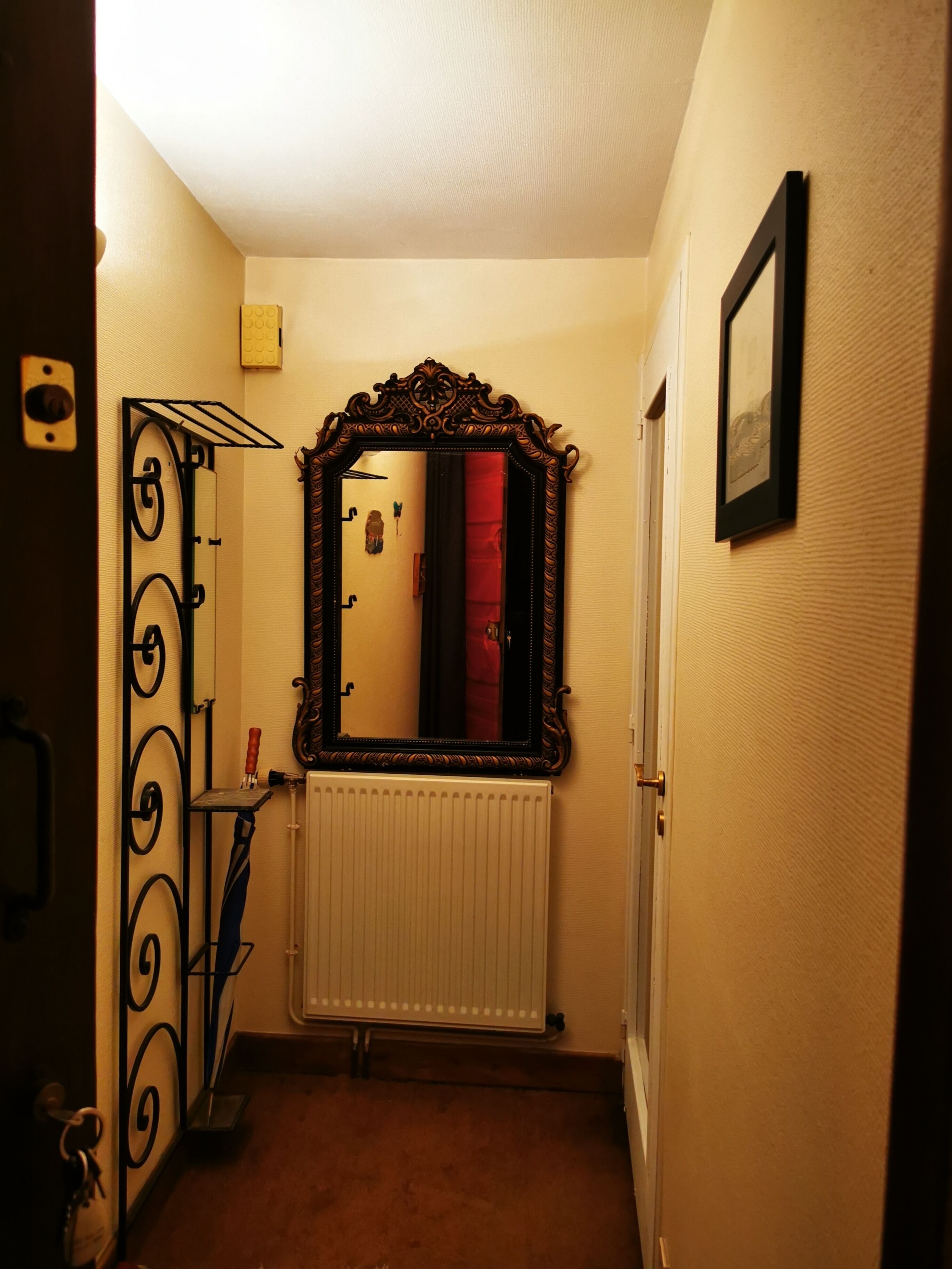 Un pasillo estrecho con un radiador, una puerta con un ojo de cerradura y un espejo de marco ornamentado.
