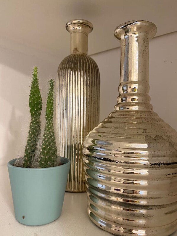 A cactus in a blue pot and two metallic vases on a shelf. - Boho Rice Village 3 Bedroom Luxury World Cup 2026 (Houston)