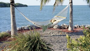 Un hamac est tendu entre deux palmiers sur une plage de galets, offrant une vue sur la mer.