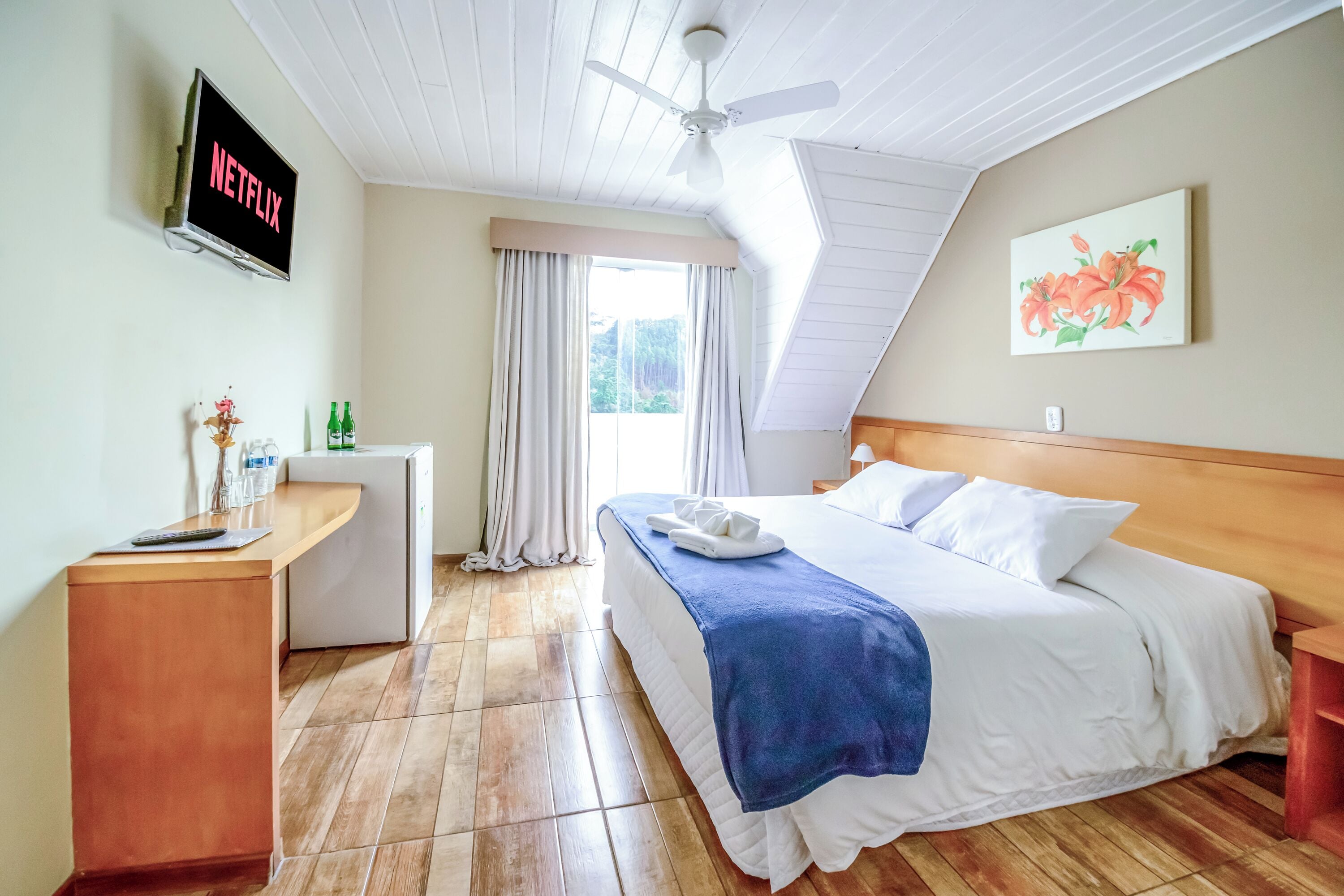 A hotel room with a bed, a desk, a TV, and a window with curtains.