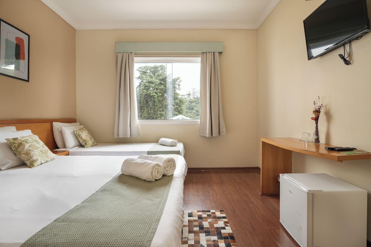 Habitación de hotel con dos camas, un escritorio pequeño, un televisor y una ventana con cortinas.