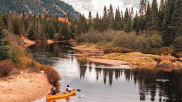 Un fiume tranquillo con un kayak, immerso in una fitta foresta e montagne.