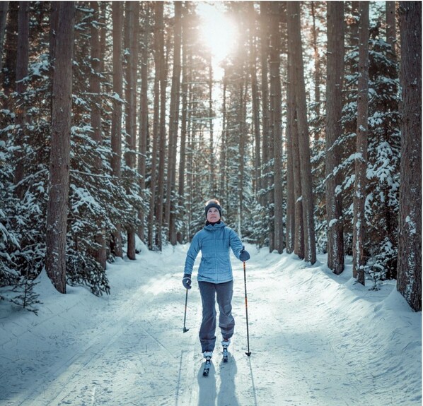 A person skiing through a snowy forest with tall trees. - Les Petits Chalets (Val-des-Lacs)