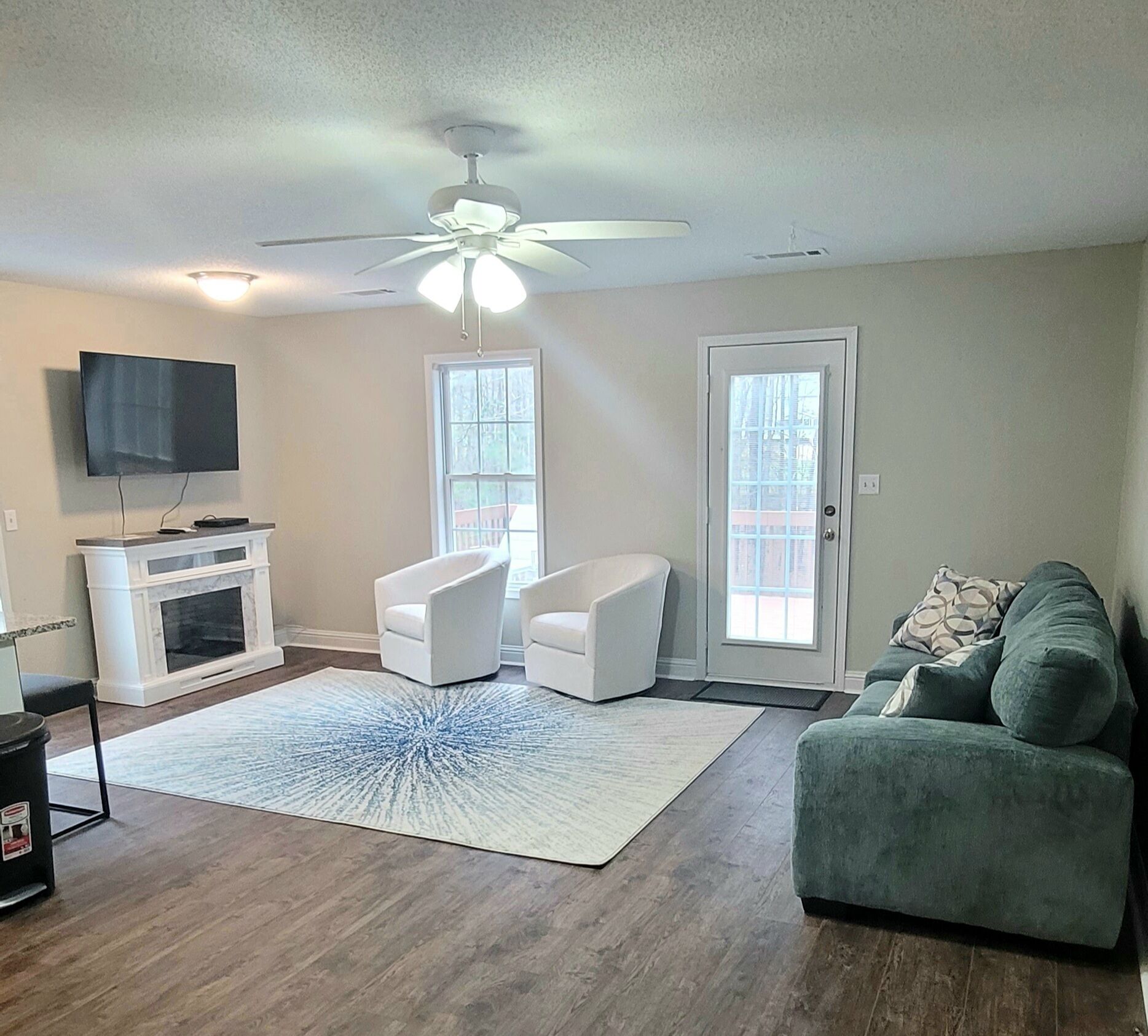 Smart TV, fireplace, books