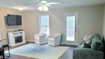 Smart TV, fireplace, books