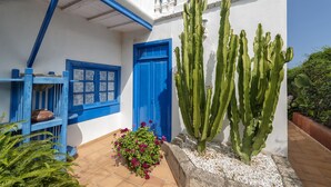 A building with a blue door and windows, a cactus plant, and a small garden with pink flowers.