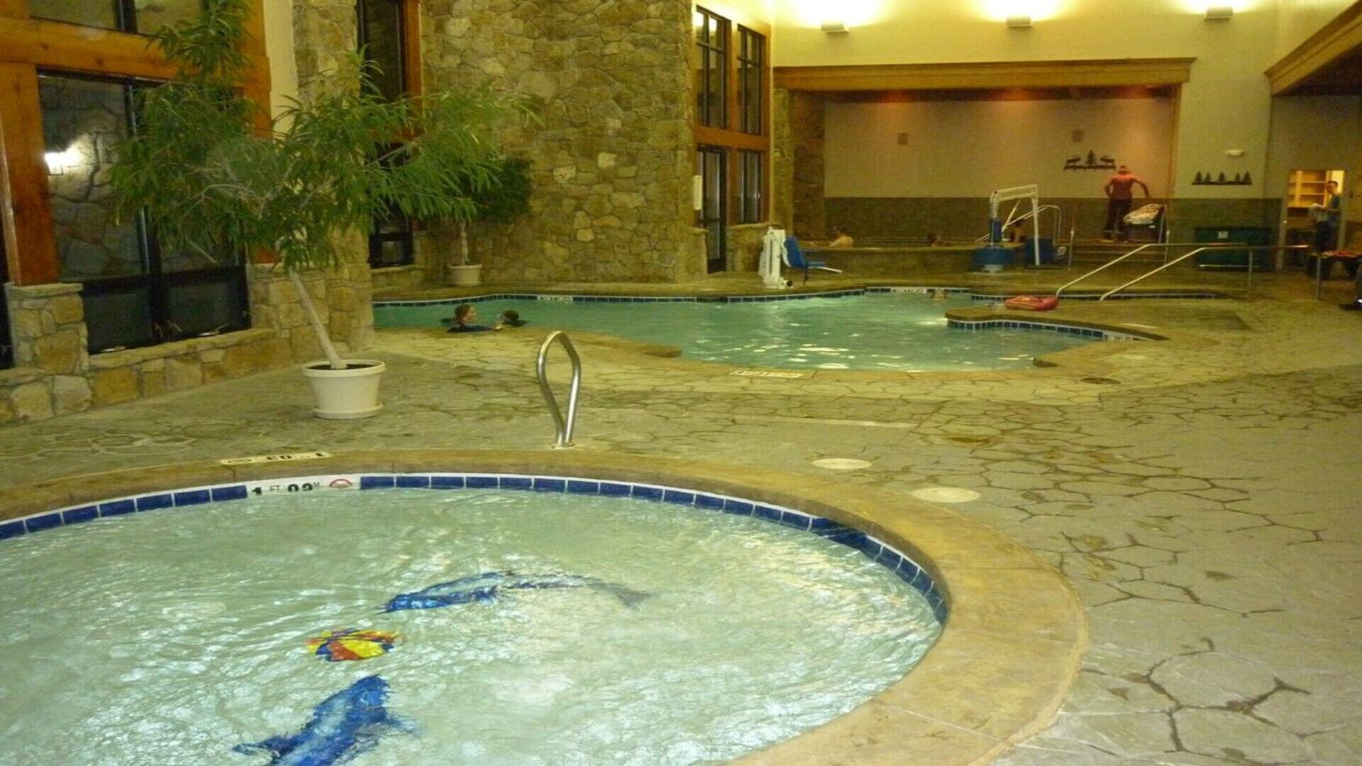 An indoor swimming pool area with multiple pools, stone walls, and a large potted plant.