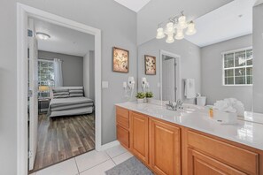 Hair dryer, towels, soap, shampoo