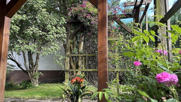 A wooden pergola structure surrounded by lush greenery and flowering plants. - Spacious holiday apartment with terrace and garden (Bindlach)