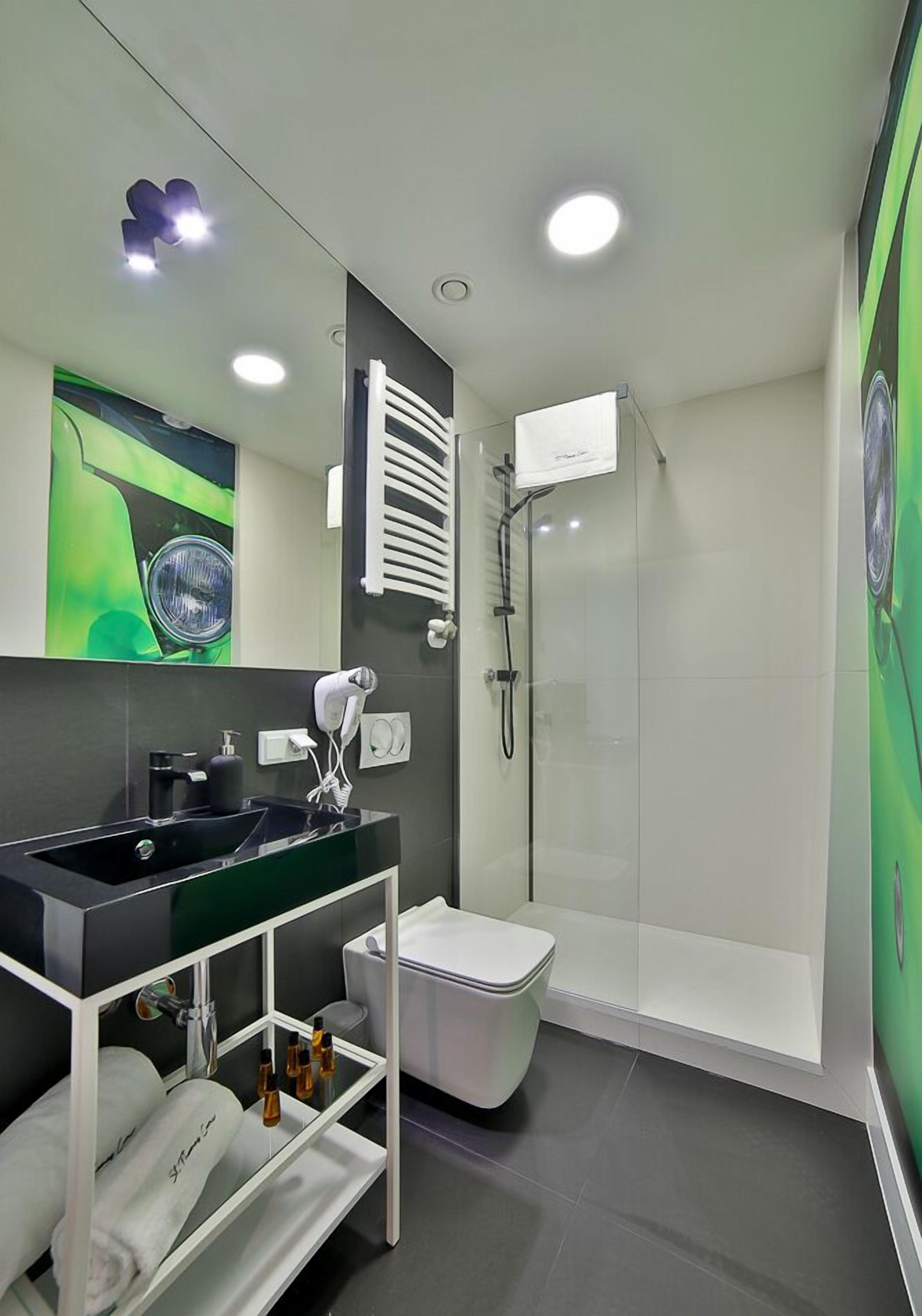 A modern bathroom with a glass-enclosed shower, a white toilet, and a black sink with a mirror above.