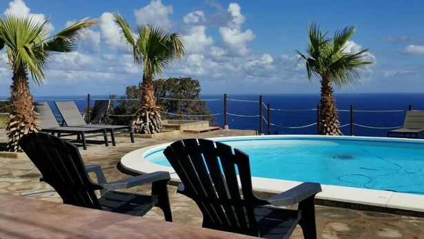 Un espace piscine doté de chaises longues et de palmiers, avec vue sur l’océan.