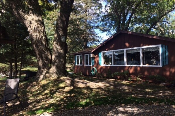Cozy cabin-style building nestled among mature trees, featuring a prominent chimney and windows with white trim.