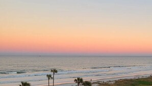 Una playa con palmeras y el océano al atardecer.