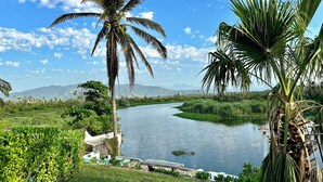 A river with a palm tree and a pool area in the foreground. - Hotel Boutique Punta Jamaica (Coyuca de Benitez)