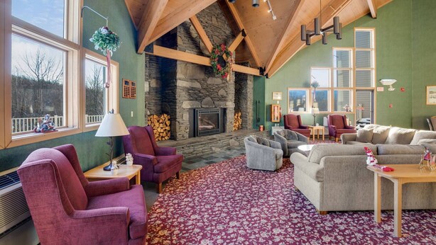 A cozy living room with a stone fireplace, wooden beams, and large windows. - Loon Escape (Lincoln)