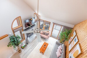 TV connectée, cheminée, livres