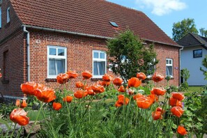 Ein Ziegelhaus mit zwei Fenstern und einem roten Ziegeldach.