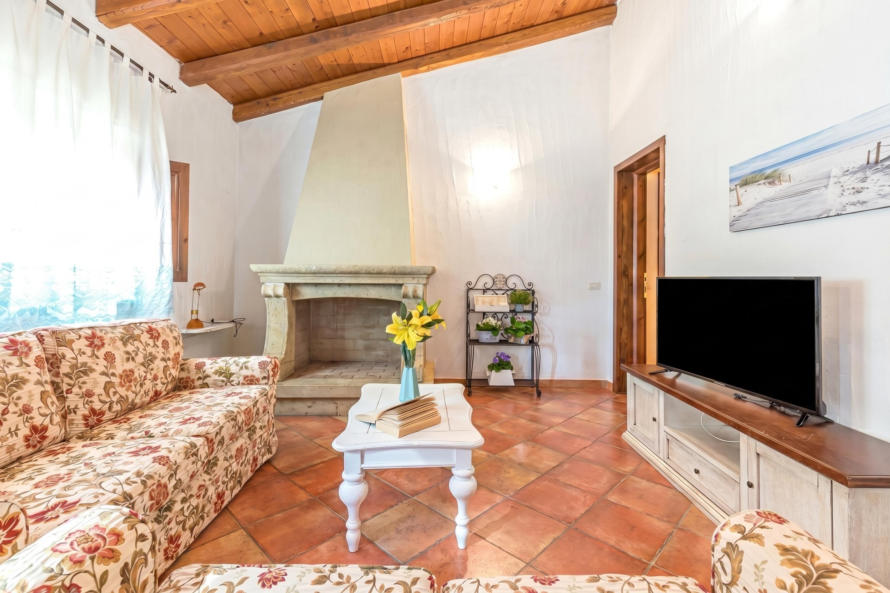 A living room with a sofa, a coffee table with books and flowers, a fireplace, a TV, and a painting on the wall.