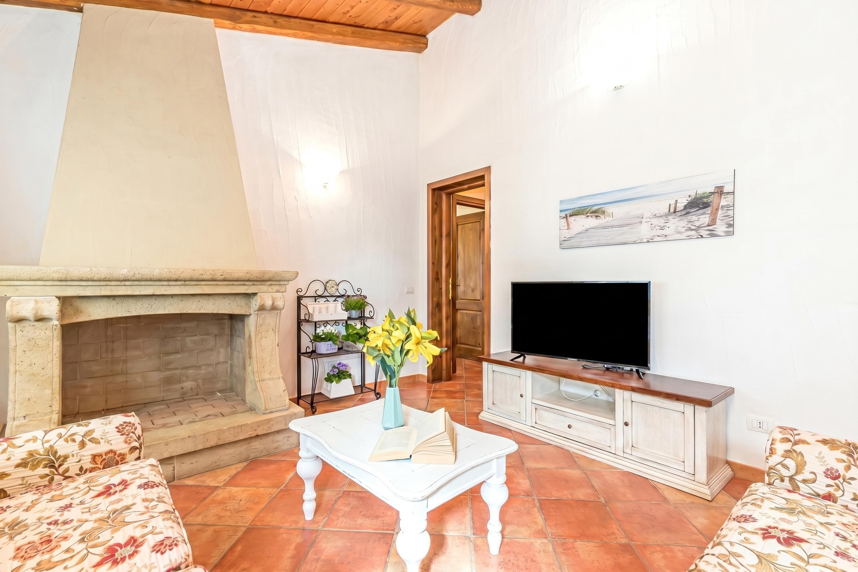 Un salon avec une cheminée, un téléviseur, une table basse avec un livre et des fleurs, et un canapé.