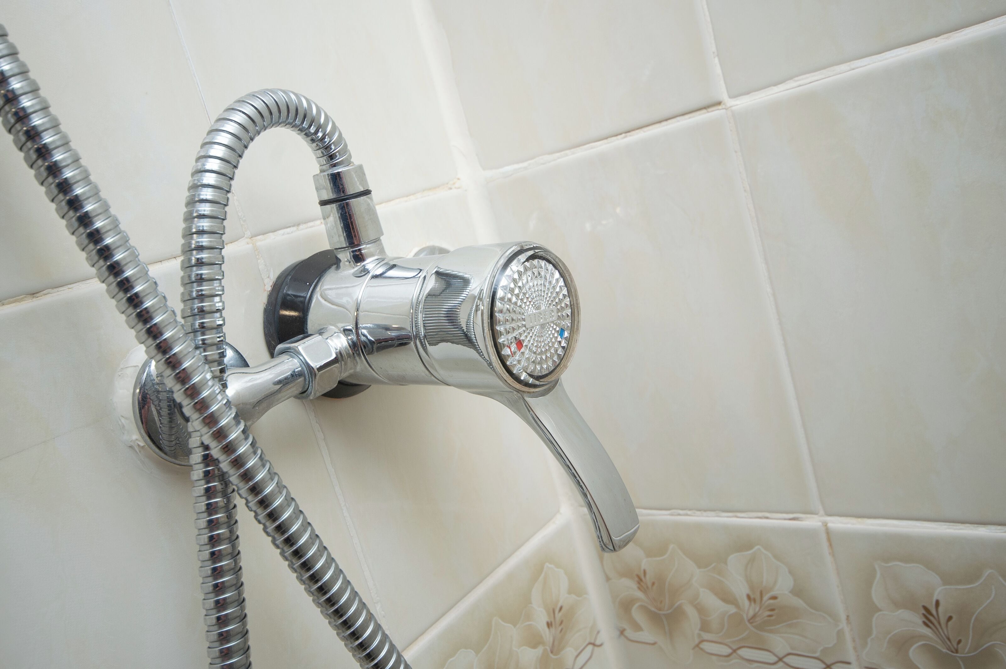 A bathroom with a shower head and flexible hose.