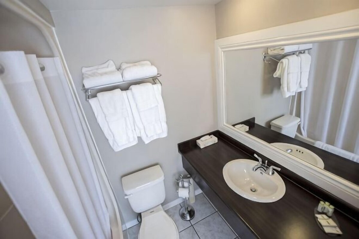 A bathroom with a toilet, sink, and a towel rack with towels.