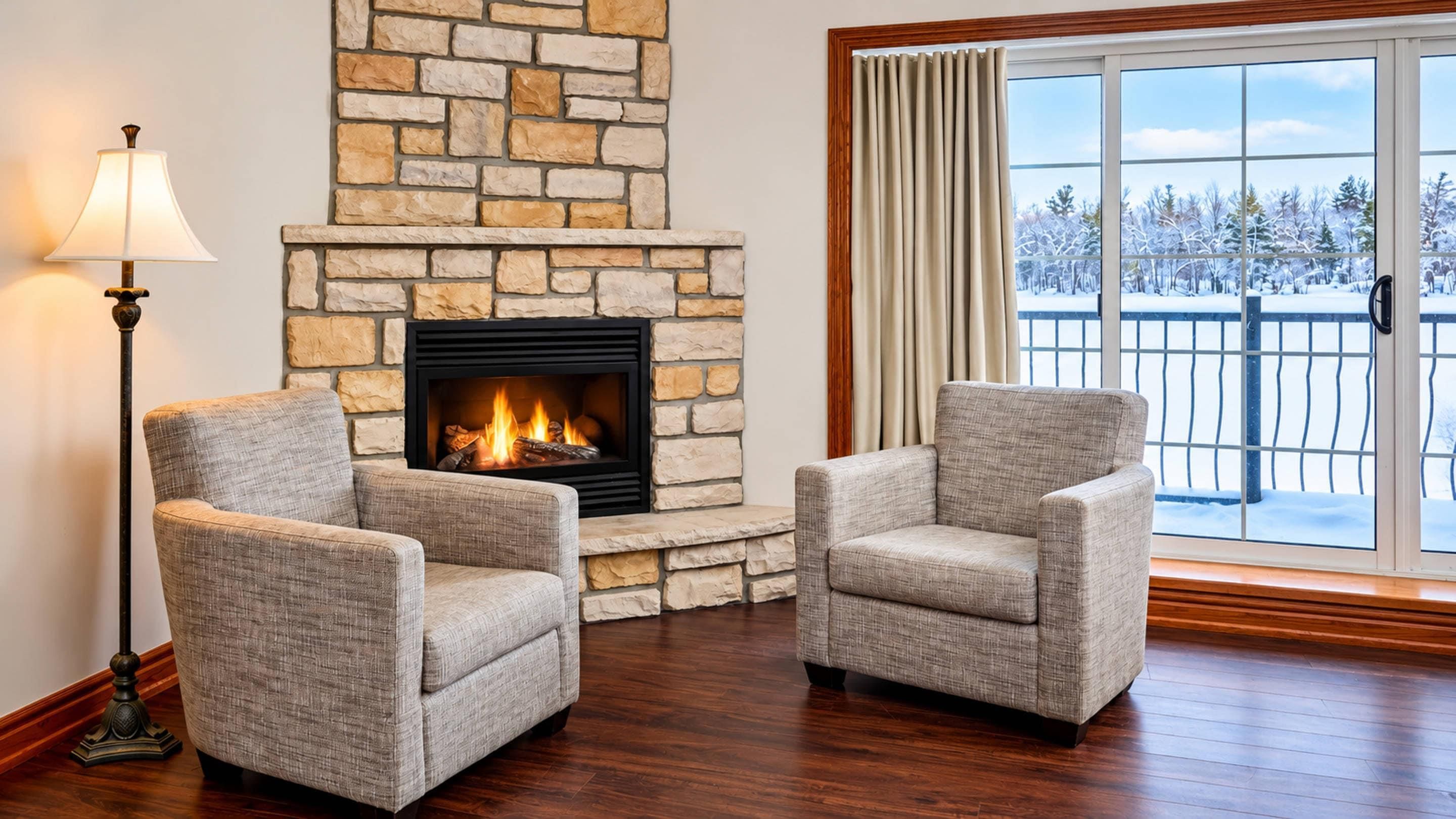A room with a stone fireplace, two armchairs, a floor lamp, and a view of a snowy landscape through a glass door.