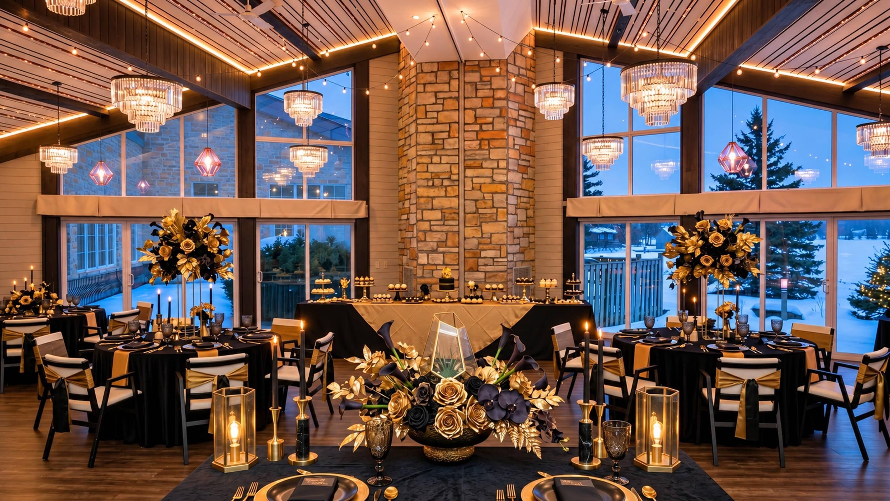 Un salón de banquetes con varias mesas dispuestas para un evento formal, con candelabros, centros de mesa florales y una chimenea de piedra.