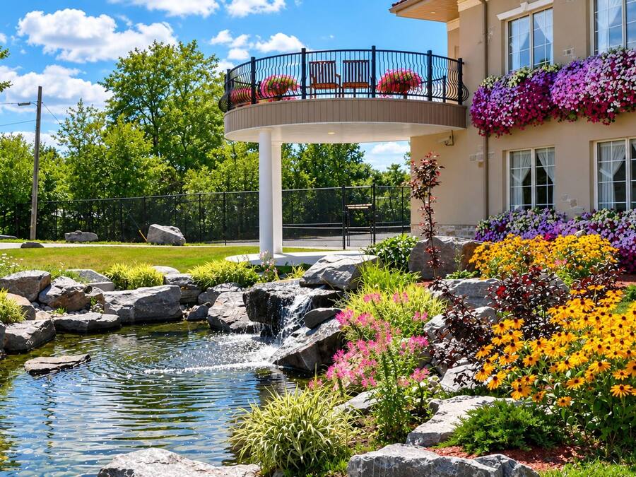 A landscaped garden with a pond, a balcony with flowers, and a building with large windows.