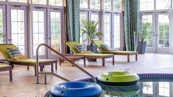 Indoor pool, open 9:00 AM to 9:00 PM, sun loungers