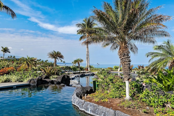 A pool area with palm trees, a clear sky, and a view of the ocean.