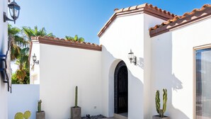 A white building with a tiled roof, a black door, and potted cacti.