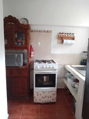 Fridge, microwave, stovetop, coffee/tea maker
