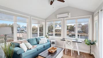 Smart TV, fireplace, DVD player, foosball