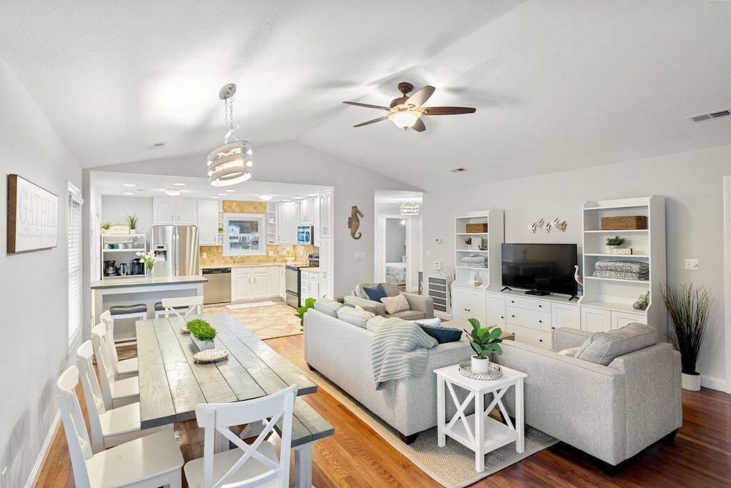 Smart TV, fireplace, DVD player, foosball