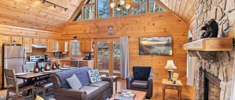 Televisie, een open haard, boeken en een stereo