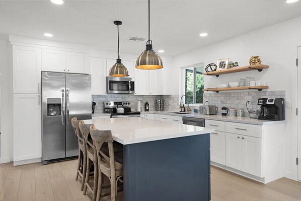 Fridge, microwave, oven, stovetop - Modern Home w/ Pool Near ASU & Scottsdale | Family Friendly (Tempe)