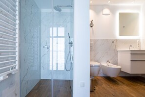 Shower, hair dryer, towels