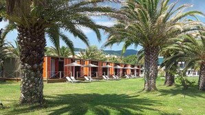 A resort with palm trees, a pool area, and a building with orange and white walls. - THALASSA BOUTIQUE HOTEL (Sithonia)