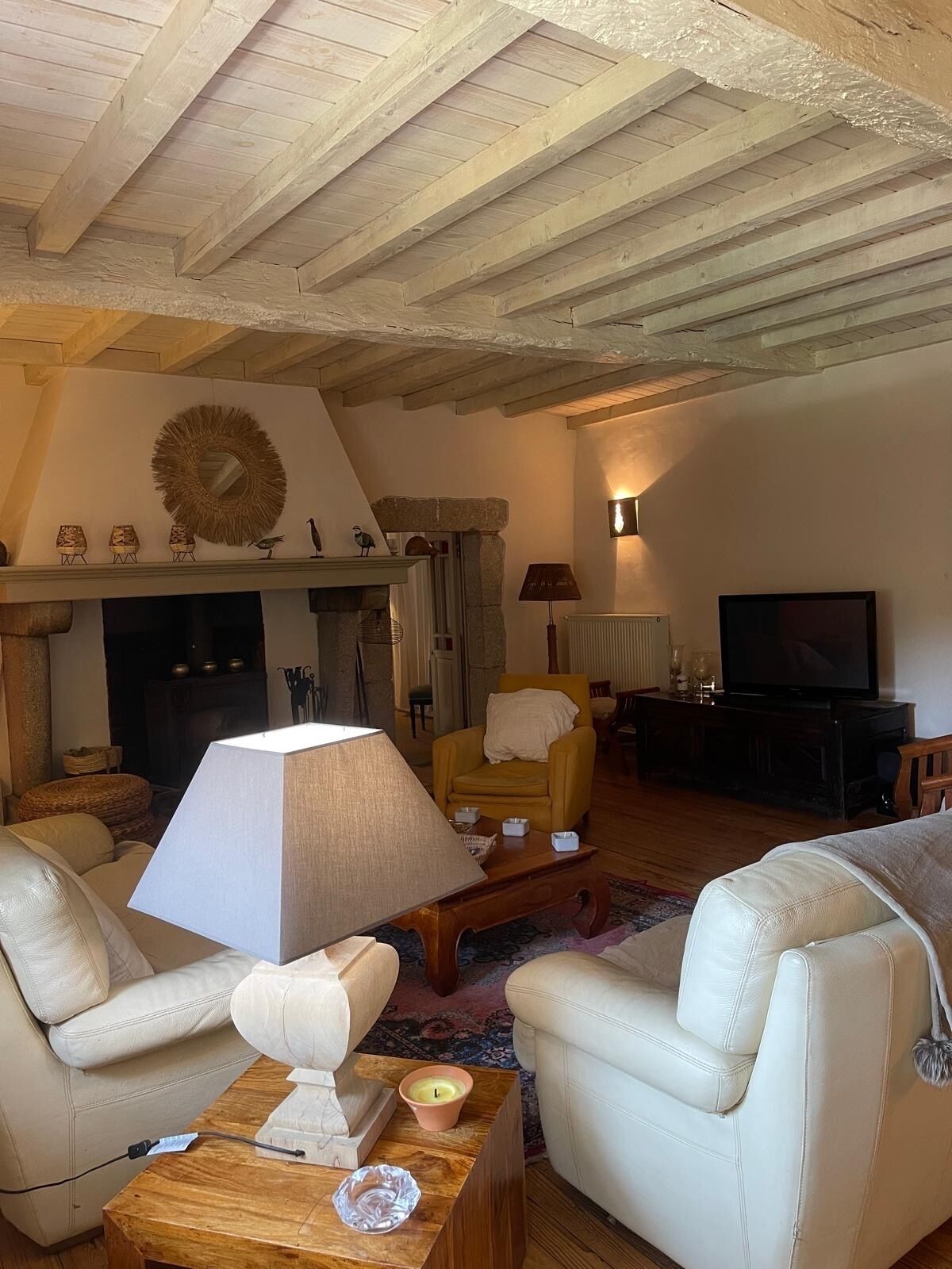 Télévision, cheminée, livres