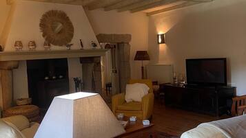 Télévision, cheminée, livres