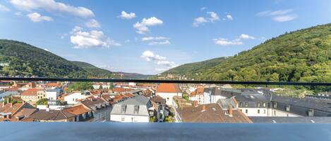 A view from a balcony overlooking a town with red-roofed buildings and green hills in the background.
