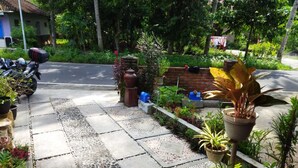 Un espace extérieur aménagé avec des plantes en pot et un banc.
