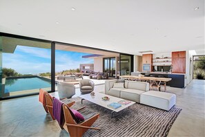 TV, fireplace, books, offices