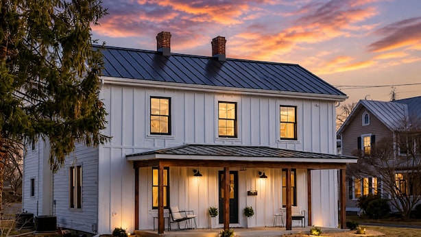 A two-story white house with a dark roof, a front porch with chairs, and a well-lit entrance.