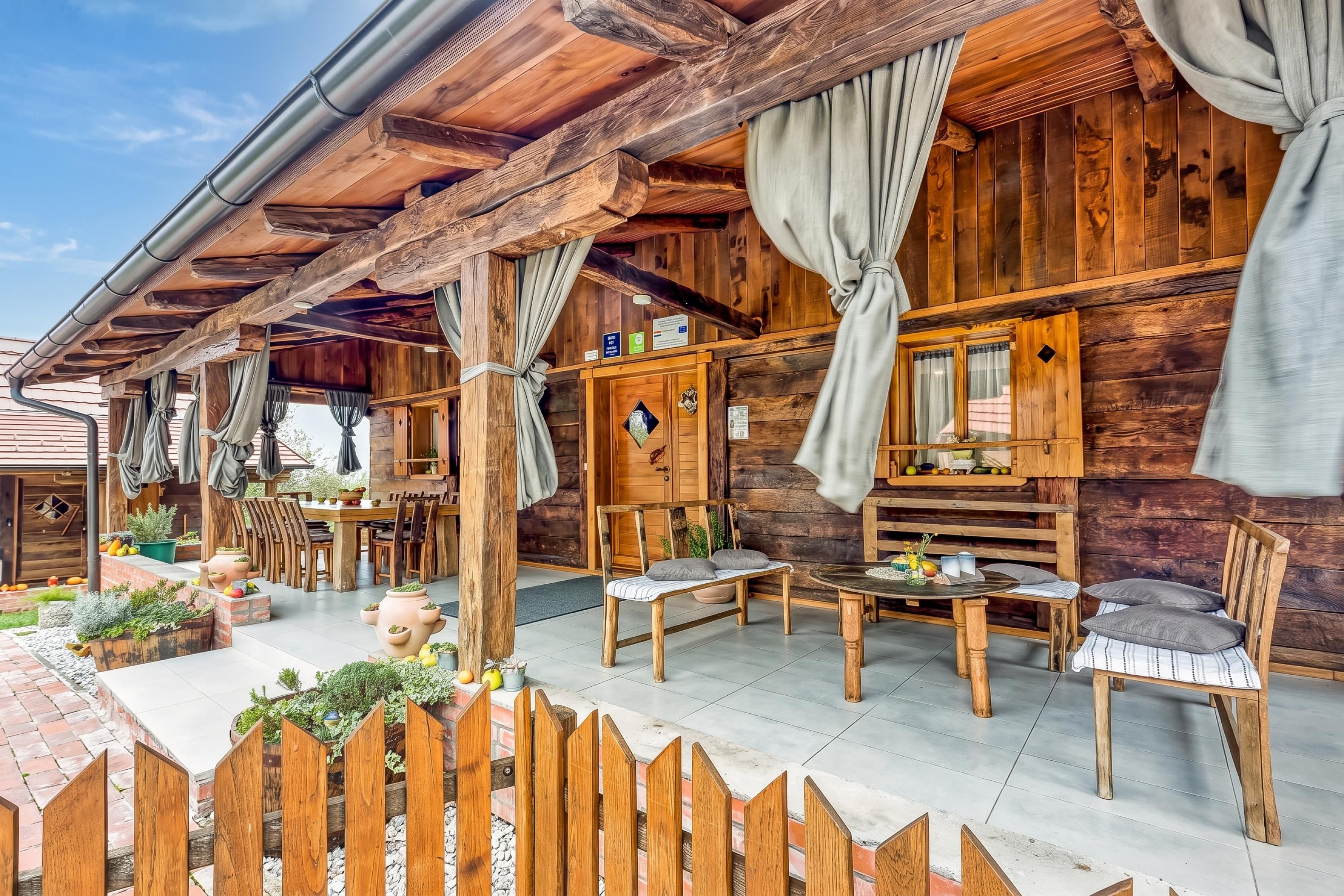 A rustic wooden cabin with a covered patio area, furnished with wooden tables and chairs, and surrounded by a wooden fence.