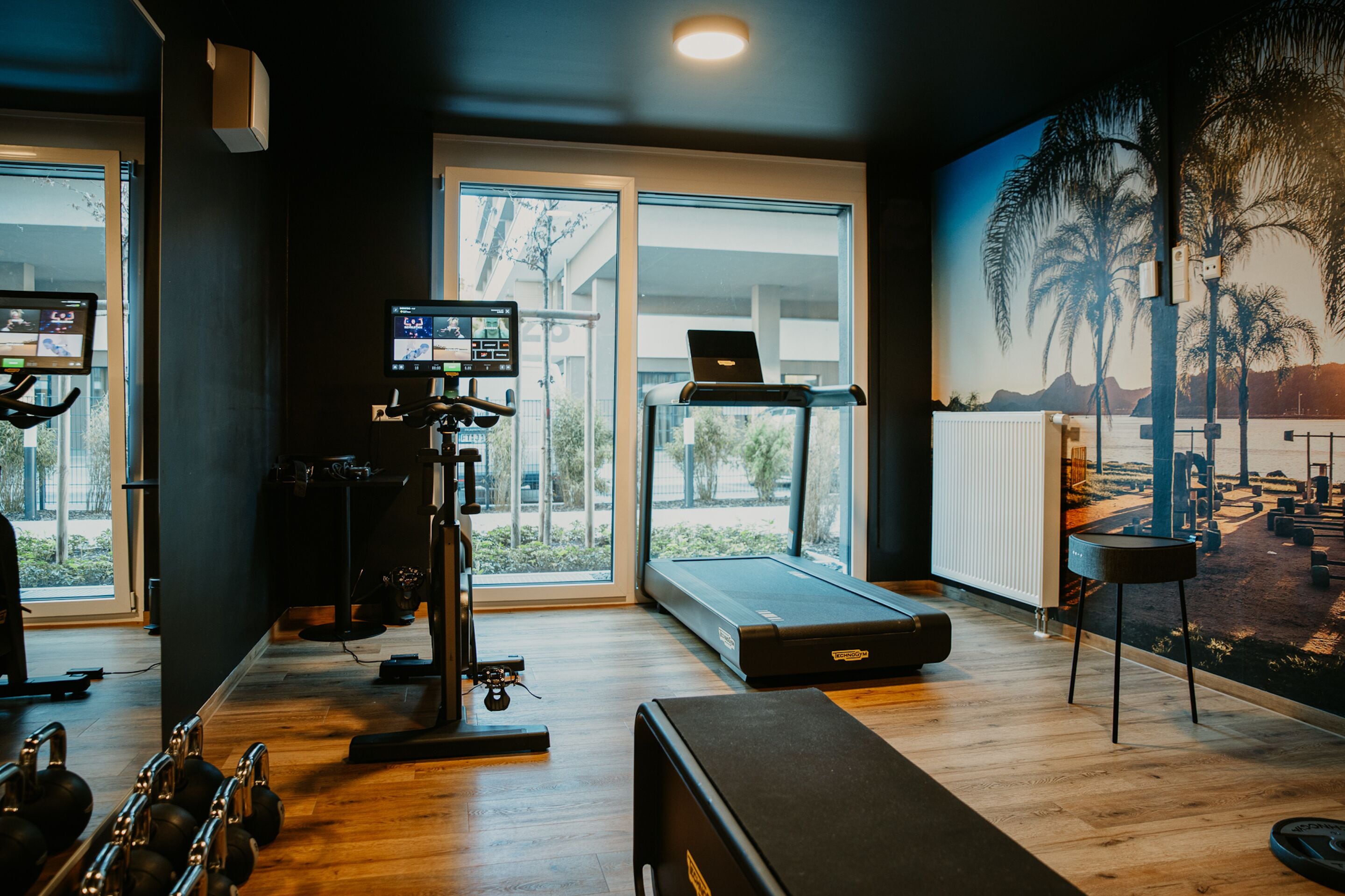 A gym with exercise equipment, a treadmill, and a large window with a view of palm trees and mountains.